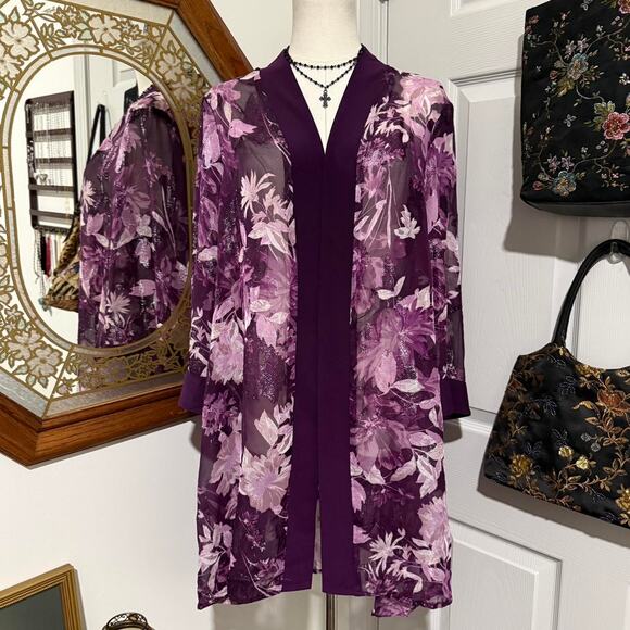NWT R&M Collection Dark Purple & Silver Shimmery Sheer Floral Kimono Cardigan 16 - Picture 4 of 8